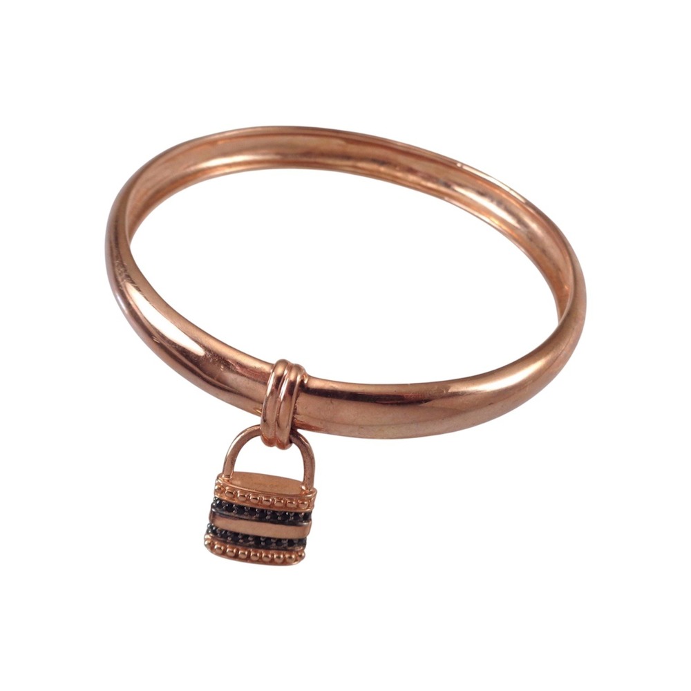 Milor Italy Bronze Rose Gold Tone Bangle Bracelet Lock‎ Charm Black Stones  OS